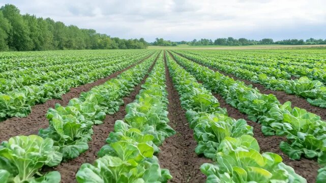 Brussels sprout field cabbage vegetable field farm rows green leaves Green vegetable field neat