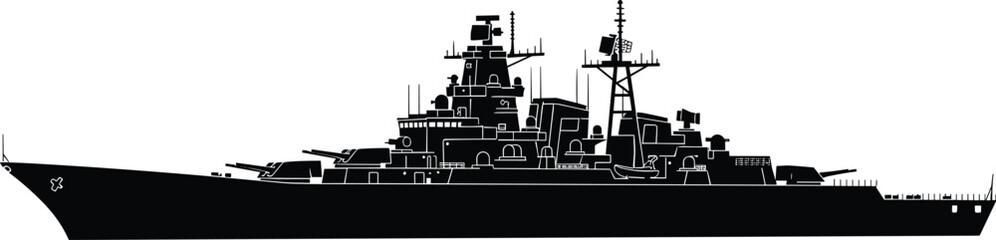 Modern military warship silhouette illustration, detailed navy destroyer battleship profile, black vector icon isolated on white background © Hasem Creative