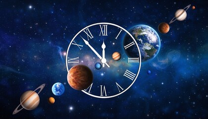 Fototapeta premium Cosmic Clock: A conceptual image intertwines the vast expanse of the cosmos with the tangible concept of time. The planets of our solar system gracefully encircle a classic clock face. 