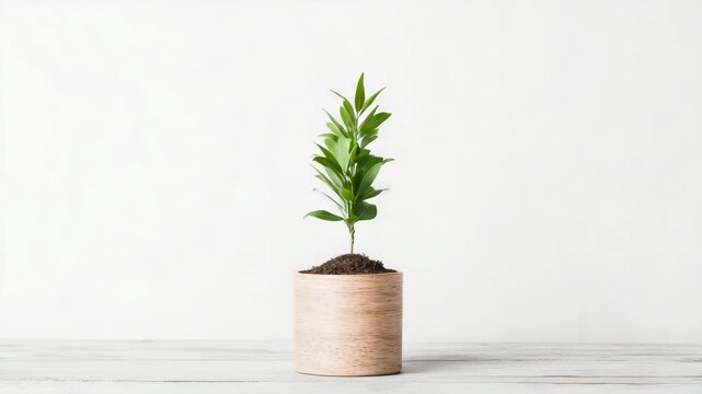 Young green plant wooden pot white tabletop conveying calm growth minimalism seedling pot young