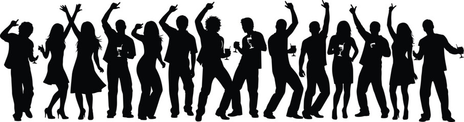Silhouettes of dancing people celebrating at a party event holding drinks and posing in festive crowd scene for nightlife and celebration designs