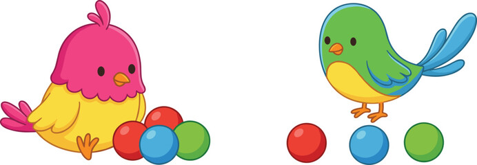 Cartoon birds with colorful balls in sorting activity, educational vector for children’s learning, counting, color recognition and play themes