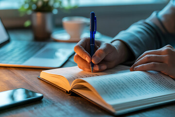 A persons hand writing in a notebook with a blue pen, illuminated by warm desk lighting