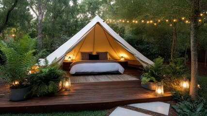 Glamping tent bedroom on wooden deck with luxury canopy, cozy bed, lanterns and string lights - Powered by Adobe
