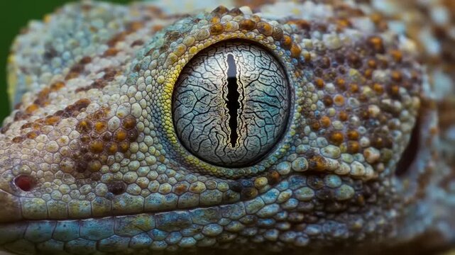 Close-up of a vibrant geckos eye and textured skin, showcasing intricate details and patterns of the reptiles face.