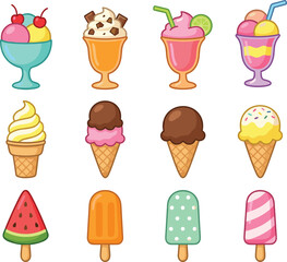 Ice cream vector, popsicle illustration, frozen dessert set, colorful treats, summer sweets, cone and sundae, cad drawing flat vector illustration