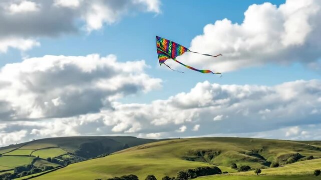 Colorful Diamond Kite Soars High Against a Cloudy Blue Sky Over Rolling Green Hills