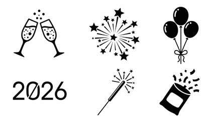 Fototapeta premium New year celebration icon set with champagne glasses fireworks balloons 2026 sparkler and popper