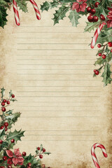 Vintage Christmas Junk Journal Page. A beautifully aged, faded lined paper background decorated with watercolor illustrations of holly, berries, poinsettia, and candy canes in a vintage style.