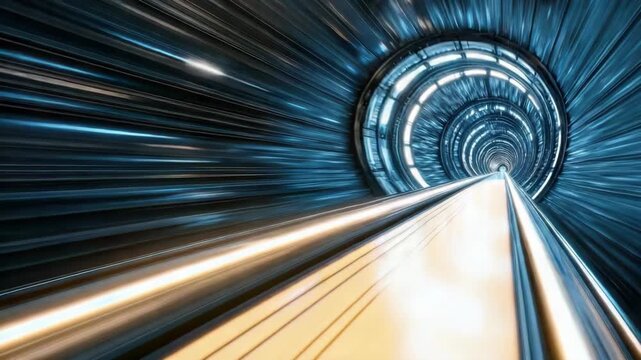 Futuristic tunnel with motion blur and illuminated pathway creating dynamic depth and glowing rail