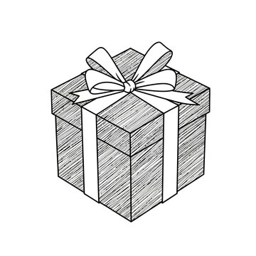 sketched illustration of a gift box with a ribbon and bow detailed line art