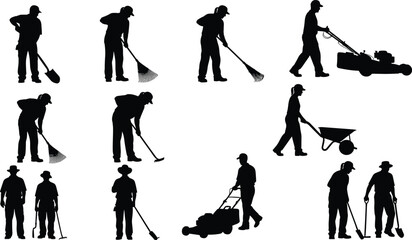 Silhouette illustration of landscaping workers performing multiple gardening tasks such as raking, shoveling, mowing, pushing wheelbarrow and maintaining outdoor yard areas