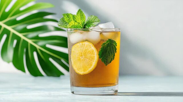 Iced lemon tea with mint and ice cold refreshing summer beverage with citrus bite