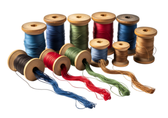 Collection of vintage wooden spools of thread on a black background