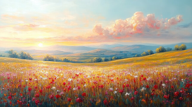 Oil painting of colorful tuscany flower field. Landscape painting on canvas. Heavy brushstrokes.