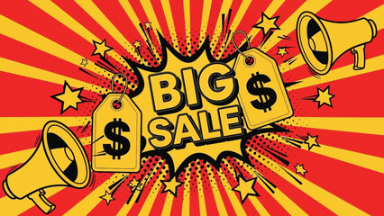 BIG SALE explosion with price tags and megaphones