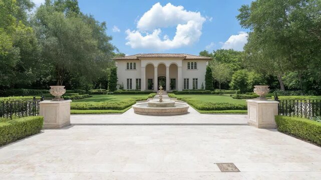 Mediterranean villa and mansion with symmetrical garden, fountain and manicured hedge under blue sky