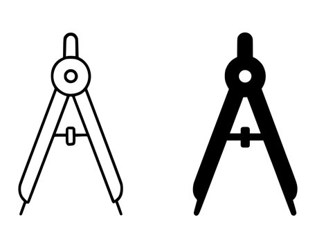 Icon for education, drawing compass illustration, black and white, outline and silhouette versions