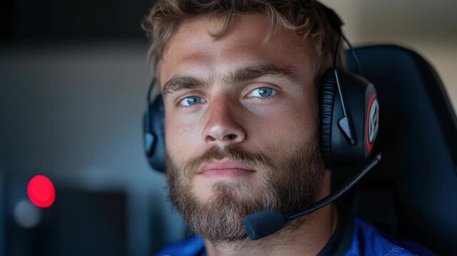 Young man headset microphone portrait close up focused gaze relaxed eyes closed confident streaming