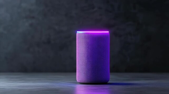 Smart cylindrical fabric speaker with purple LED glow ambient voice assistant on dark surface