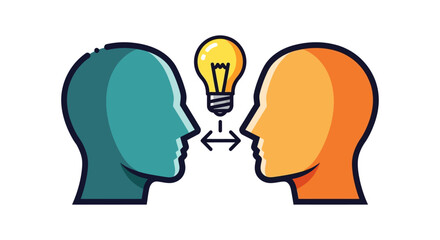 stylized heads facing exchanging ideas via a lightbulb symbolizing creative collaboration thoughtful communication and shared innovation.