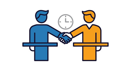 stylized business people handshake with clock symbolizing timely agreement partnership deal completion and negotiation deadlines.