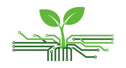 sustainable technology plant featuring green leaves and circuit board roots symbolizing eco-friendly innovation and agritech development.