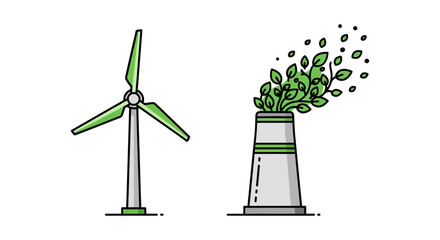 sustainable energy illustration featuring a wind turbine and industrial chimney emitting green leaves symbolizing eco-friendly solutions.