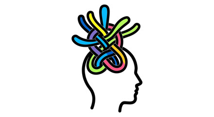 tangled thoughts in human head silhouette colorful abstract brain lines symbolizing anxiety mental health and emotional overwhelm concept