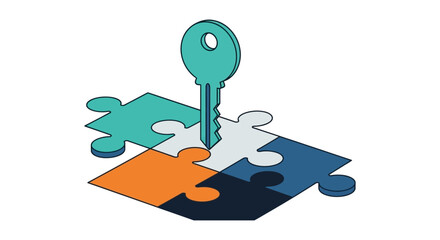 teal key inserted into four colorful interlocking puzzle pieces illustrating core business solutions strategic planning teamwork and success concept.