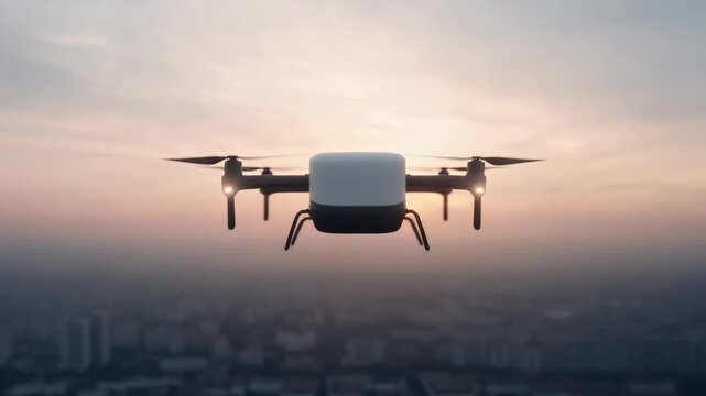 Drone quadcopter delivery drone aerial vehicle at sunset over cityscape with soft glow and calm mood