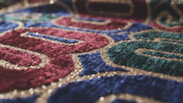 Closeup of a vibrant sequined fabric with intricate patterns and shimmering details perfect for fashion and design projects.