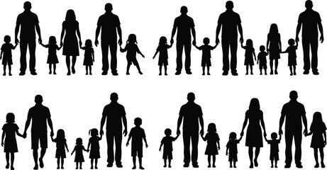 Obraz premium Silhouette illustration of multiple families holding hands with parents and children representing unity, bonding, love, support and family relationship concept