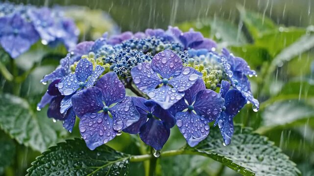 Closeup of vibrant blue hydrangea flowers glistening with raindrops in a lush garden.