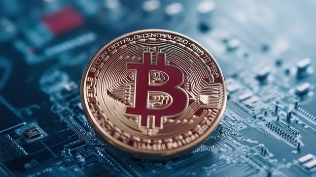 Golden cryptocurrency coin circuit board showing blockchain technology, digital finance optimism