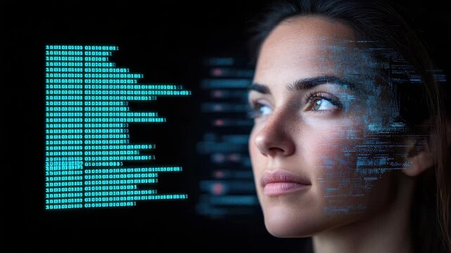 Portrait woman face digital code binary portrait merging with thoughtful futuristic expression