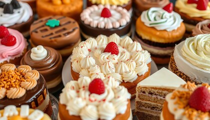 Assortment of delicious cakes, various flavors and frostings,  sponge,  celebration