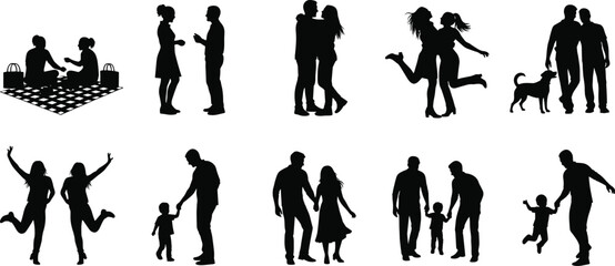 Silhouettes of couples, families, and friends enjoying moments together, showing love, bonding, parenting, joy, relationships, outdoor activities, and happy lifestyle interactions