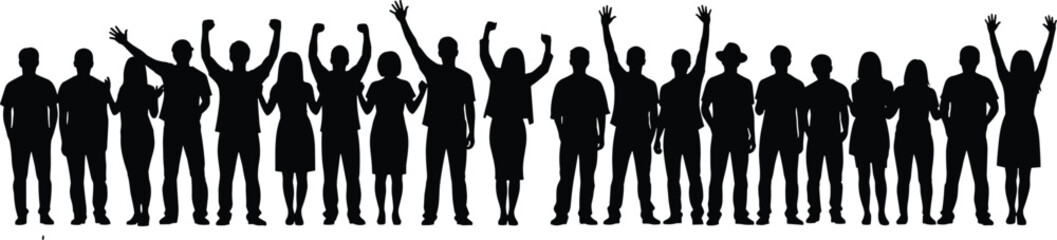 Silhouettes of diverse people standing together with raised arms, symbolizing unity, celebration, teamwork, community support, human connection, cooperation, and collective energy