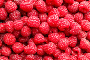 Fresh ripe raspberries as background, top view