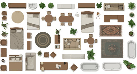 top view home interior furniture set with beds sofas tables plants and rugs for floor plan design and architecture layout projects © ReniDinda