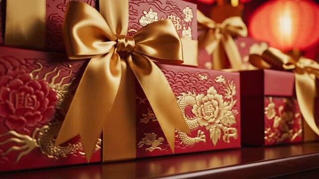 Luxurious Red and Gold Chinese Gift Boxes Dragon Pattern Festive Decor