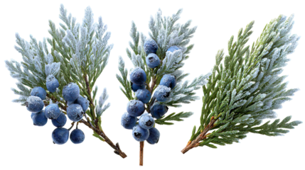 Three varied juniper species with snow covered needles and rich scale foliage on transparent background