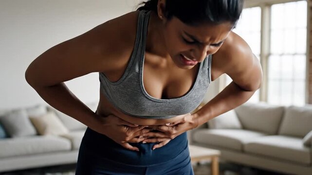 A woman in a sports bra and leggings holding her stomach, likely experiencing abdominal discomfort