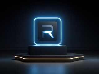 A glowing neon-edged square with "R" on a black pedestal, dark background
