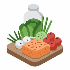 Isometric Fresh Ingredients on Cutting Board for Cooking Food Illustration