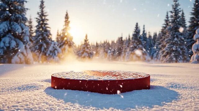 Winter Wonderland Product Showcase - Red Platform in Snowy Forest.
