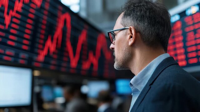 Middle aged businessman on trading floor watching red graph market decline, tense focus