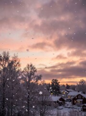 Magical Winter Sunset with Falling Snowflakes
