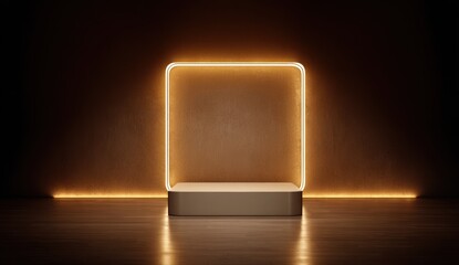 A square neon frame glows around a platform on a wooden floor in a dimly lit space